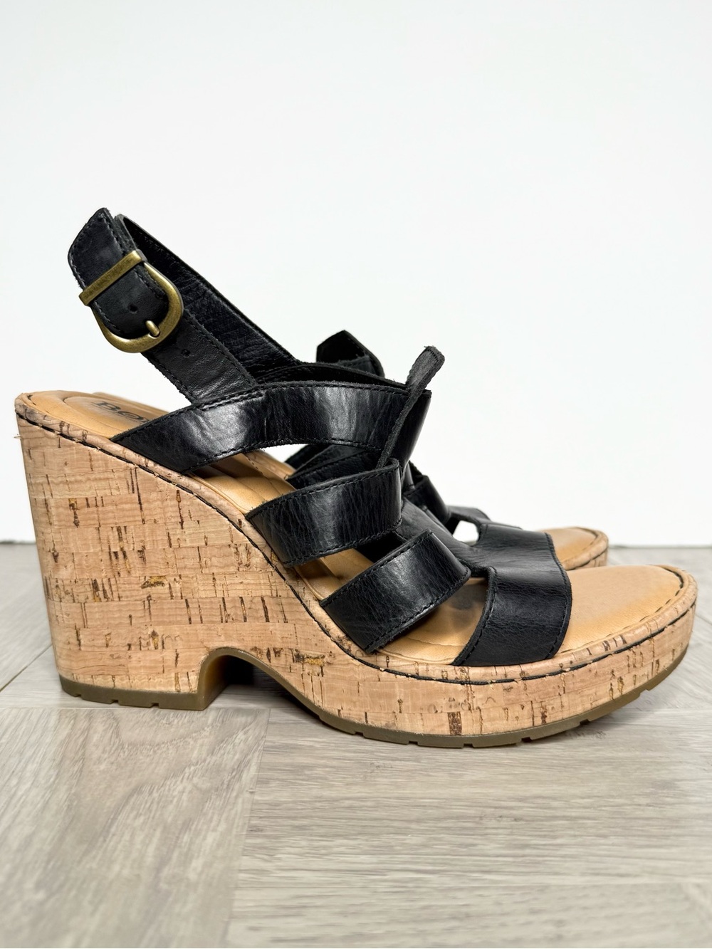 Born Bernese Black Leather Cork Wedge Sandal 10 M